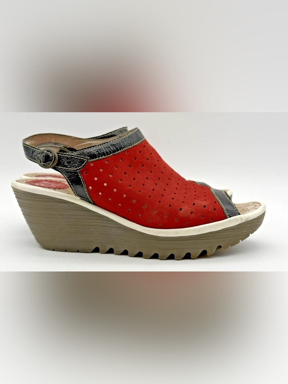 Fly London Perforated Red Suede Black Patent Leather Yuti Wedge Sandals
